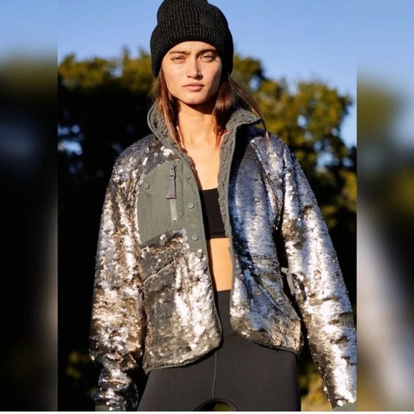 Free People Movement Hit The Slopes Sequin Jacket, Silver, X-Small, MSRP $298 - Picture 1 of 14